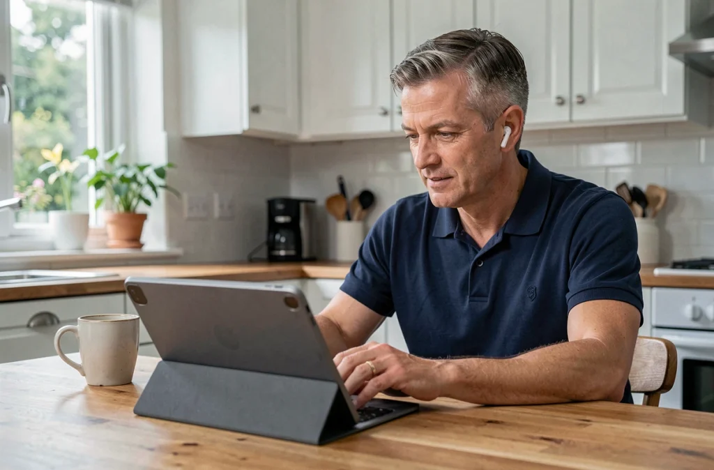 Un homme en télétravail participant à une session de formation à distance depuis son domicile