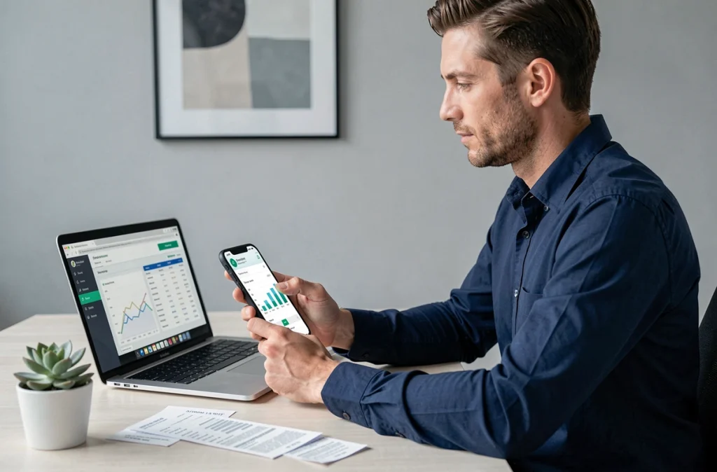 Homme en chemise bleue gérant son budget personnel sur smartphone et ordinateur portable dans un bureau à domicile moderne