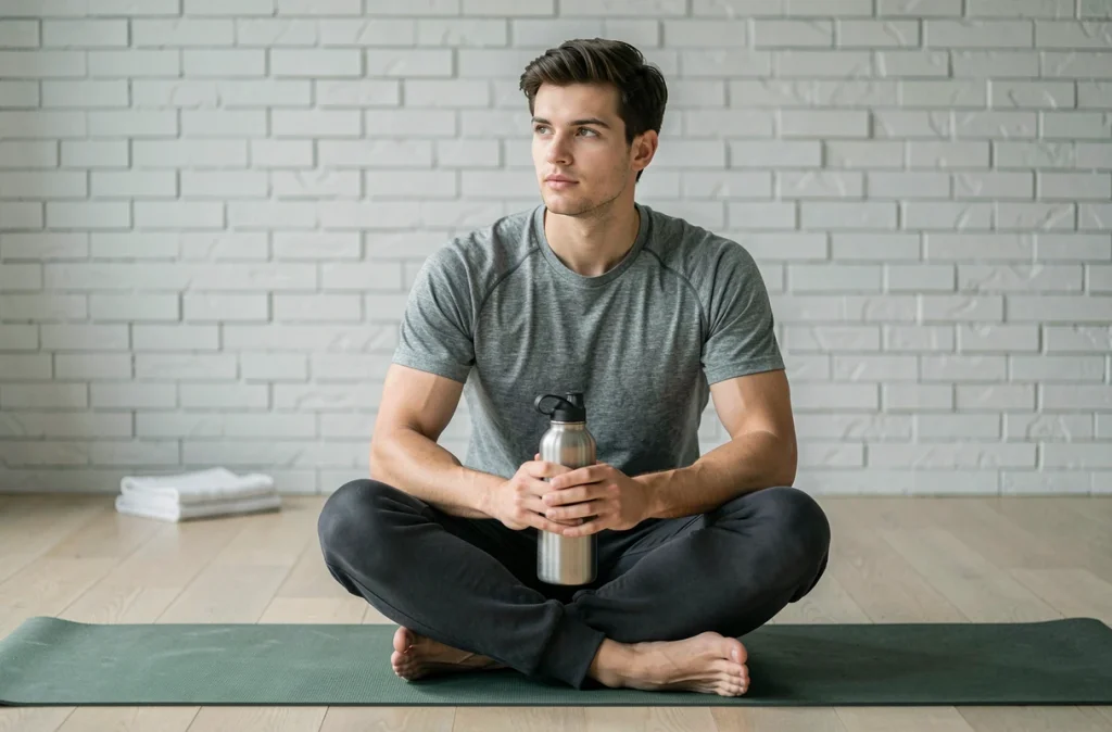 Jeune homme en tenue de sport buvant à une gourde pendant une pause de yoga à la maison