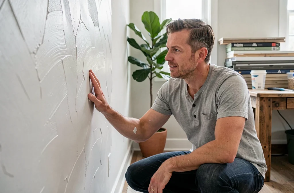 Homme inspectant de près une peinture écologique sans COV fraîchement appliquée sur un mur de bureau à domicile rénové