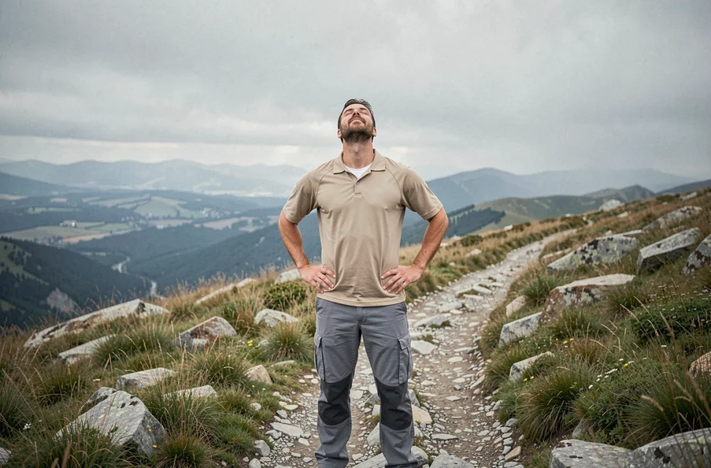 Homme en pause sur un sentier de montagne, les yeux fermés, pratiquant la pleine conscience lors d'une randonnée douce anti-stress