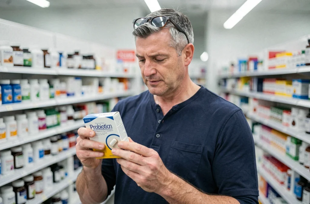 Homme adulte en pharmacie examinant une boîte de compléments probiotiques pour renforcer sa flore intestinale