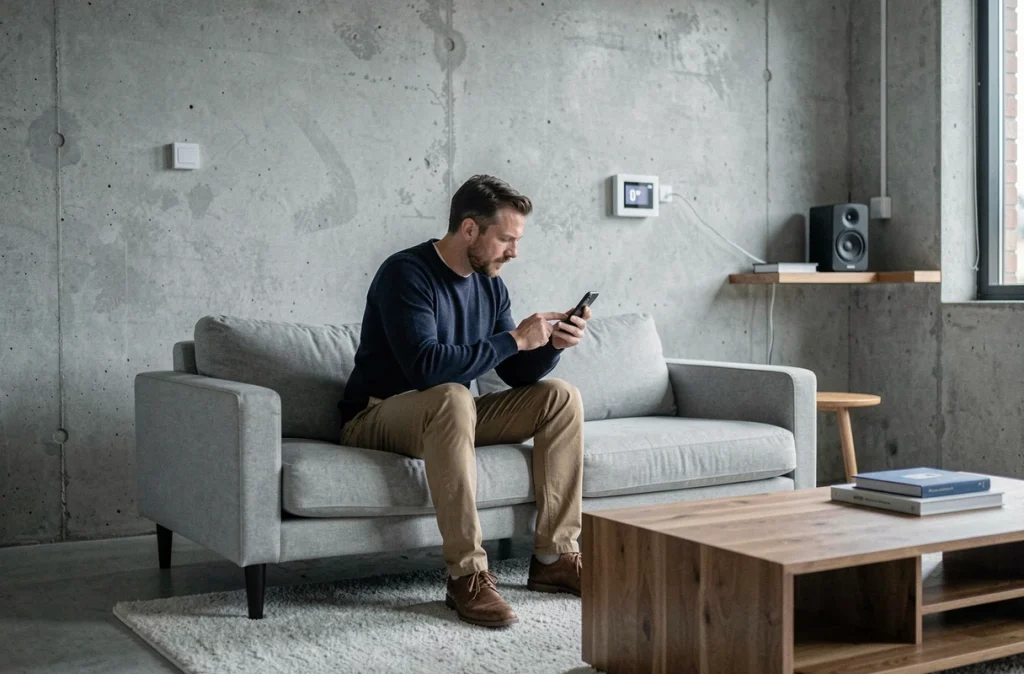 Homme connectant ses appareils domestiques intelligents depuis son canapé dans un salon contemporain minimaliste