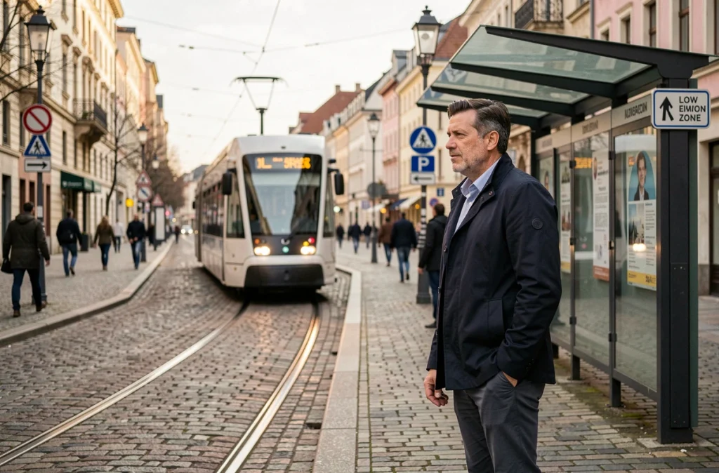 Homme attendant le tramway dans une zone à faibles émissions d'une ville européenne, symbole du report modal encouragé par les nouvelles réglementations antipollution urbaines