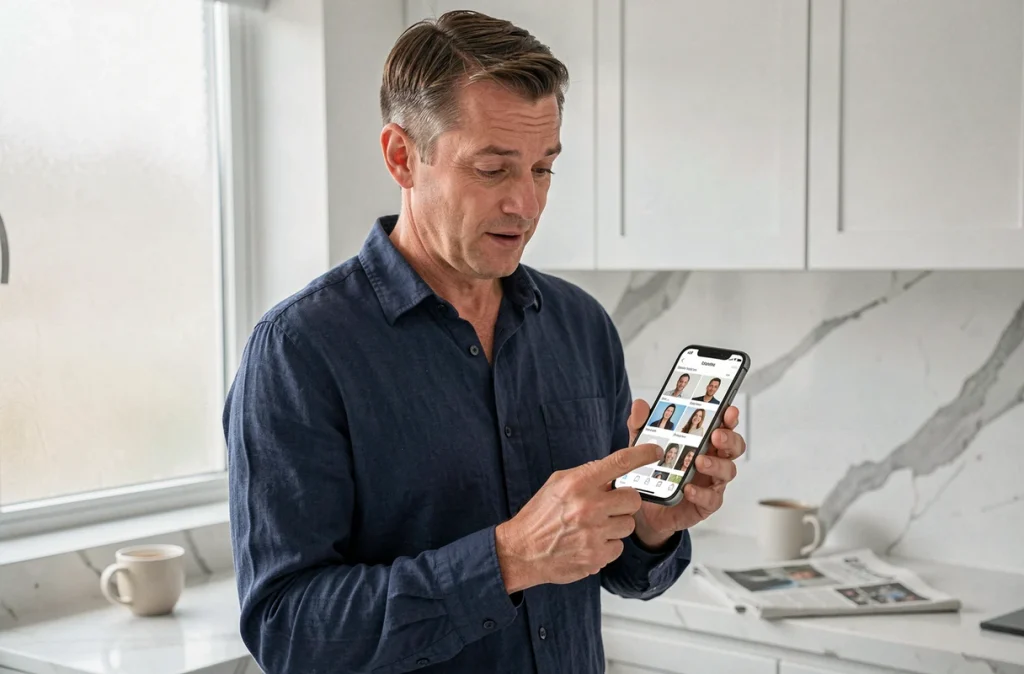 Homme découvrant le tri automatique de photos par intelligence artificielle sur son smartphone dans une cuisine moderne