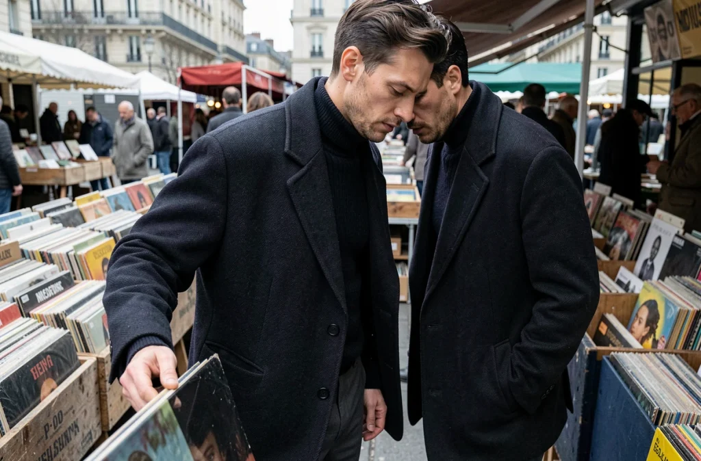 Homme en grande veste oversize marine feuilletant des vinyles dans un marché aux puces parisien