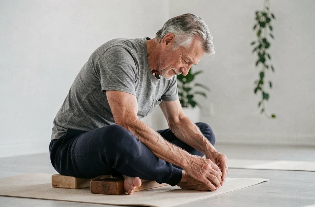 Homme âgé pratiquant un étirement de yoga doux sur un bloc en bois pour réduire les douleurs articulaires