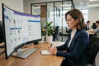Responsable RH analysant des profils de candidats générés par intelligence artificielle sur un écran d'ordinateur dans un bureau moderne