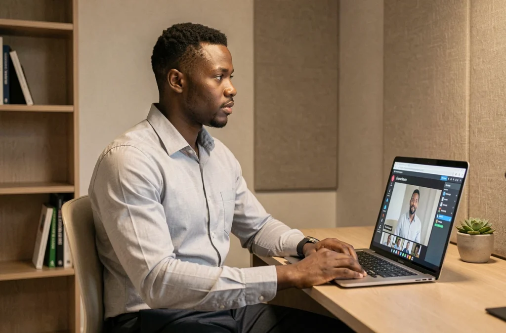 Candidat participant à un entretien d'embauche virtuel assisté par intelligence artificielle sur un ordinateur portable dans un bureau moderne