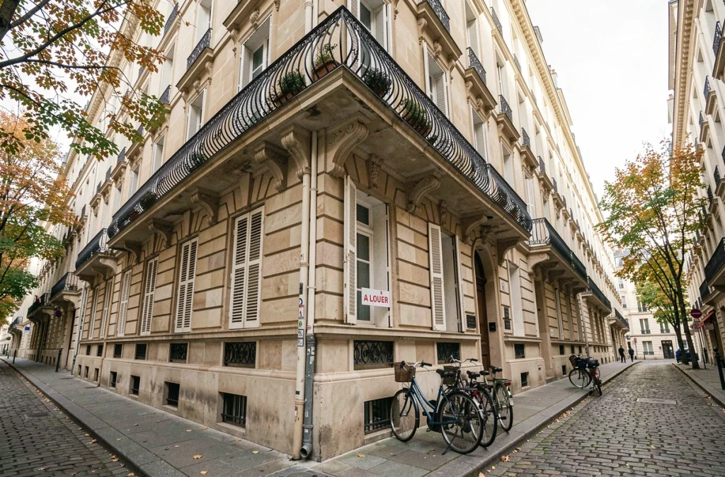 Immeuble locatif haussmannien à Paris avec panneau À Louer, illustrant la fiscalité des revenus fonciers