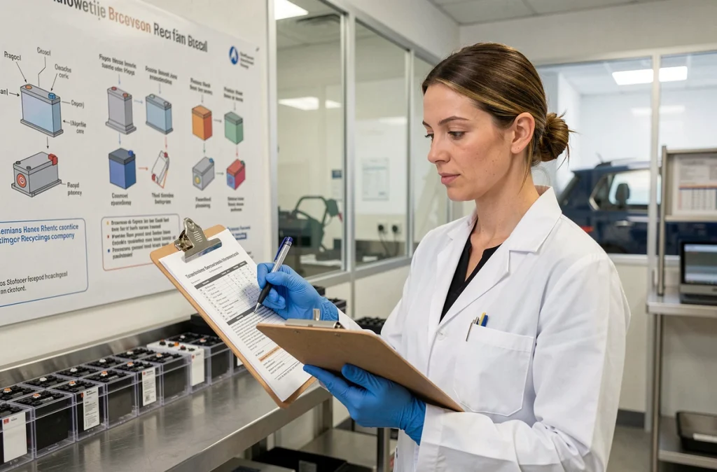 Ingénieure analysant des données sur le recyclage des batteries lithium-ion dans un laboratoire de recherche automobile français