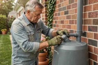 Homme installant un récupérateur d'eau de pluie contre un mur en briques dans un jardin résidentiel