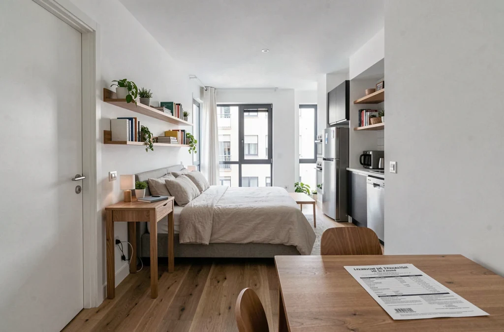 Intérieur d'un appartement meublé moderne prêt à la location avec annonce sur la table