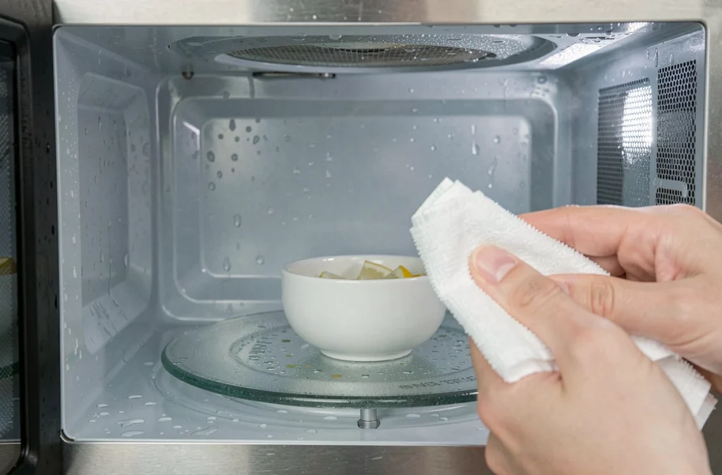 Intérieur d'un micro-ondes nettoyé naturellement à la vapeur de citron avec chiffon microfibre