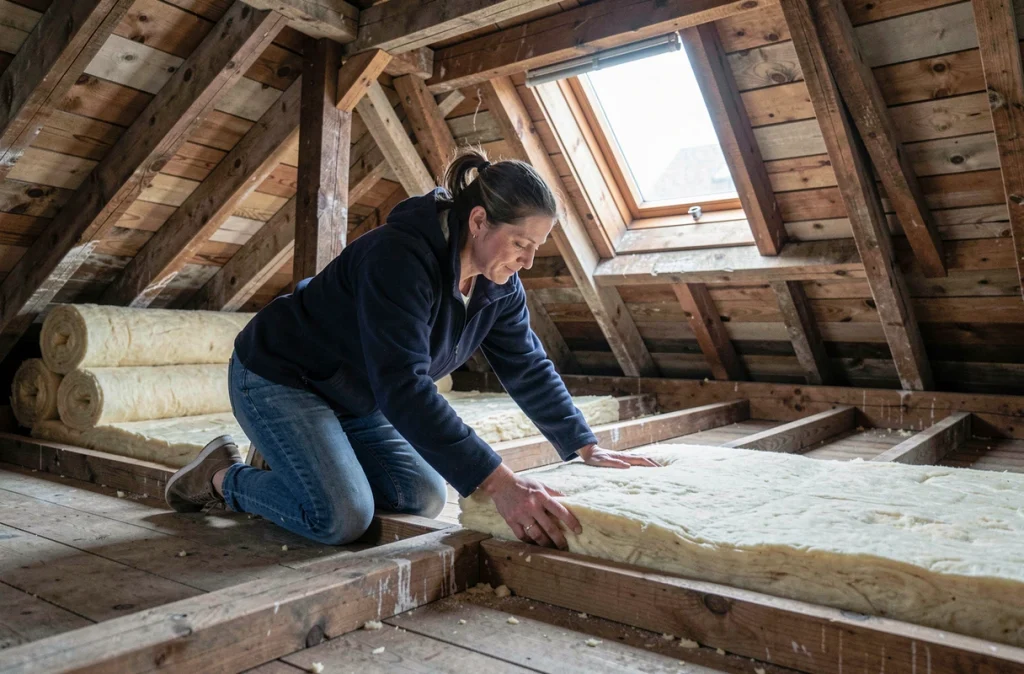 Femme déroulant des rouleaux d'isolant thermique entre les solives d'un grenier pour améliorer l'isolation de toiture