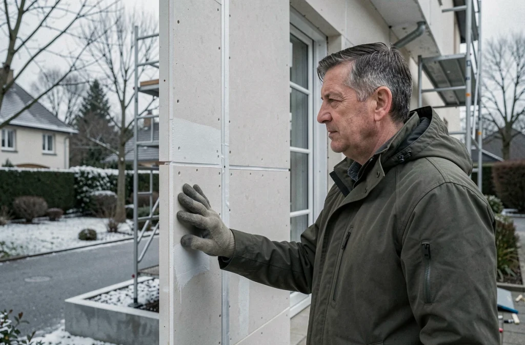 Propriétaire inspectant les panneaux d'isolation extérieure posés sur la façade de sa maison en hiver