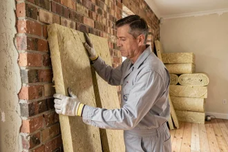 Artisan posant des panneaux de laine minérale sur un mur intérieur lors de travaux d'isolation thermique d'une maison