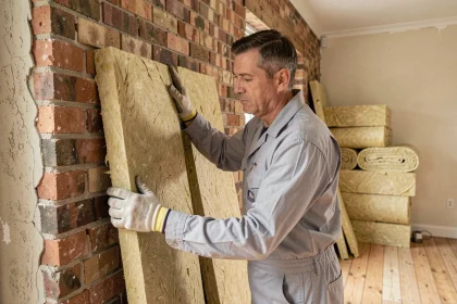 Artisan posant des panneaux de laine minérale sur un mur intérieur lors de travaux d'isolation thermique d'une maison
