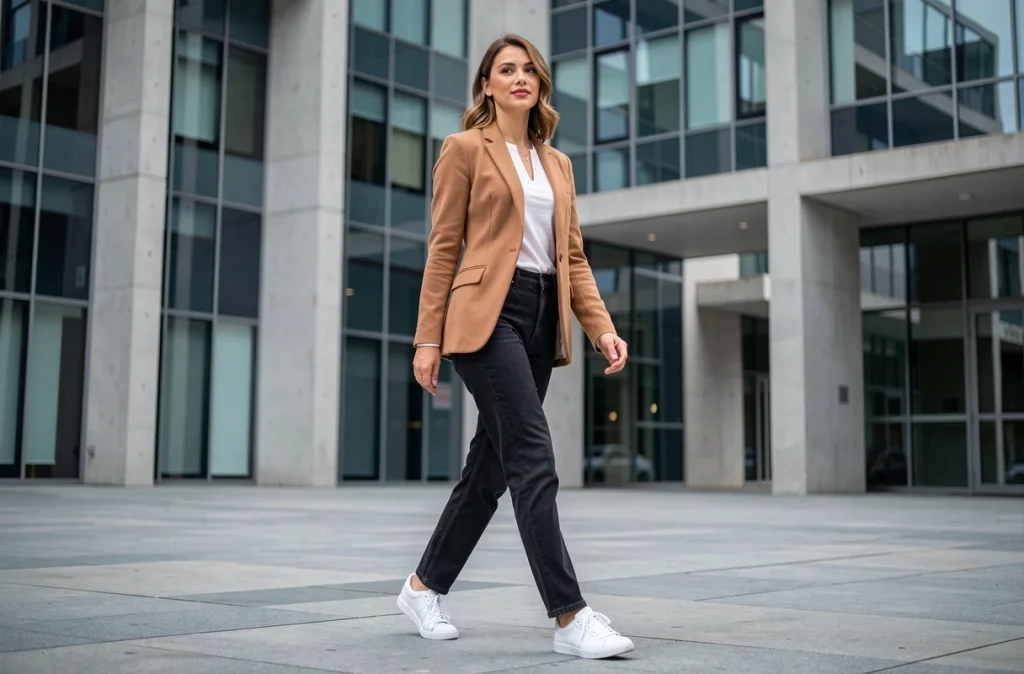 Femme en jean taille haute noir et blazer camel marchant dans une place urbaine moderne