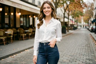 Femme portant un jean taille haute indigo avec une blouse blanche dans une rue pavée parisienne en automne