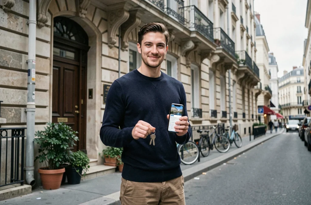 Jeune actif tenant les clés d'un petit appartement devant une façade haussmannienne après un investissement immobilier urbain