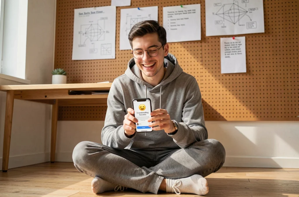 Un jeune entrepreneur célèbre le succès de sa campagne de crowdfunding sur son smartphone dans un bureau à domicile minimaliste