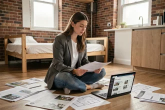 Jeune femme active étudiant des plans immobiliers dans un petit appartement studio moderne pour investir dans les petites surfaces