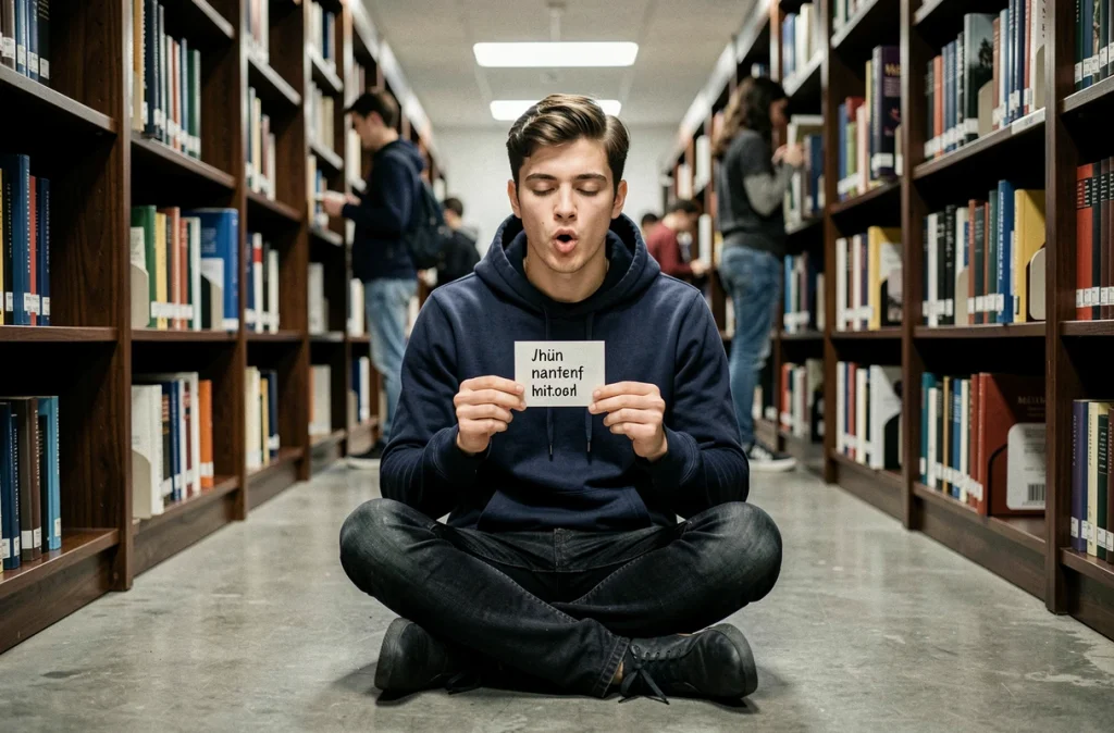 Jeune homme mémorisant une définition grâce à une fiche mnémotechnique dans une bibliothèque universitaire