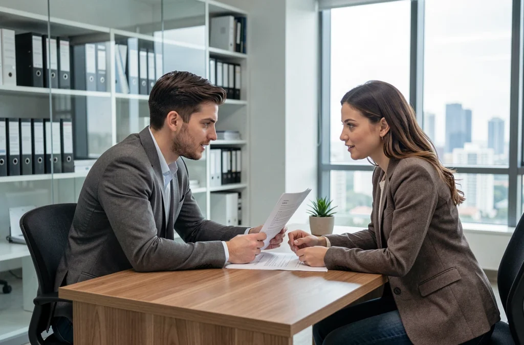 Deux jeunes actifs signant un contrat d'investissement pour une petite surface avec un agent immobilier dans une agence moderne
