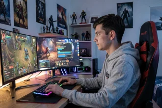 Joueur adulte bloqué sur un plateau d'expérience dans Dofus 3 devant un double écran gaming