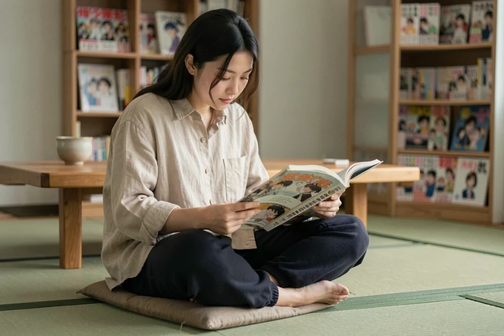 Jeune femme lisant un volume du manga Tengoku Daimakyou dans un salon japonais minimaliste