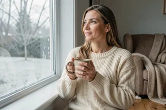 Femme en pull de laine tenant une tasse près d'une fenêtre givrée en hiver, lumière naturelle douce sur le visage