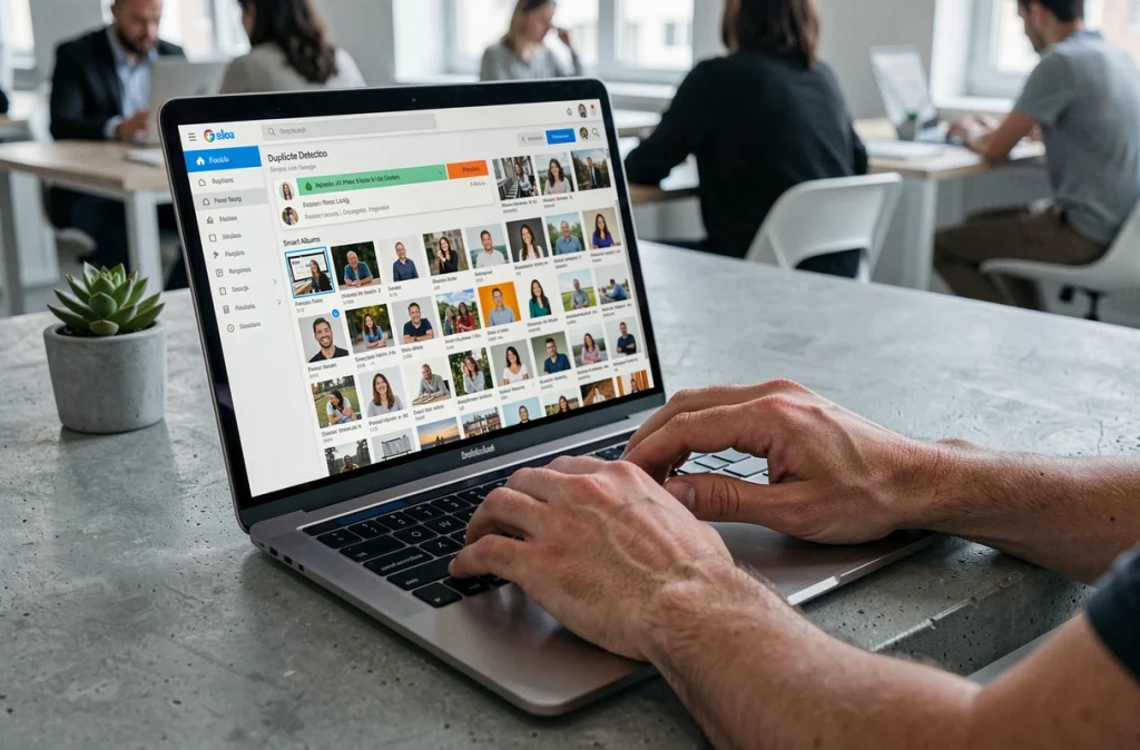 Mains sur un clavier d'ordinateur portable affichant un tableau de bord d'intelligence artificielle pour la gestion et l'organisation de photos personnelles