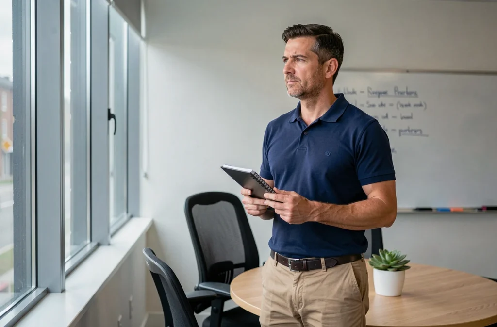 Manager d'une PME prenant un moment de recul et de plénitude près d'une fenêtre dans une salle de réunion