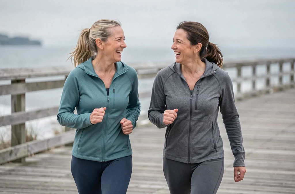 Deux femmes marchant rapidement ensemble sur un front de mer, illustrant les bienfaits de la marche rapide contre le diabète de type 2