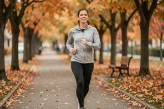 Femme en train de faire de la marche rapide dans un parc en automne pour réduire le risque de diabète de type 2