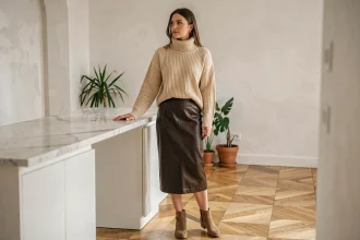 Femme portant un pull en laine côtelée avec une jupe en cuir et des bottines en daim, illustrant le mélange de textures dans une tenue