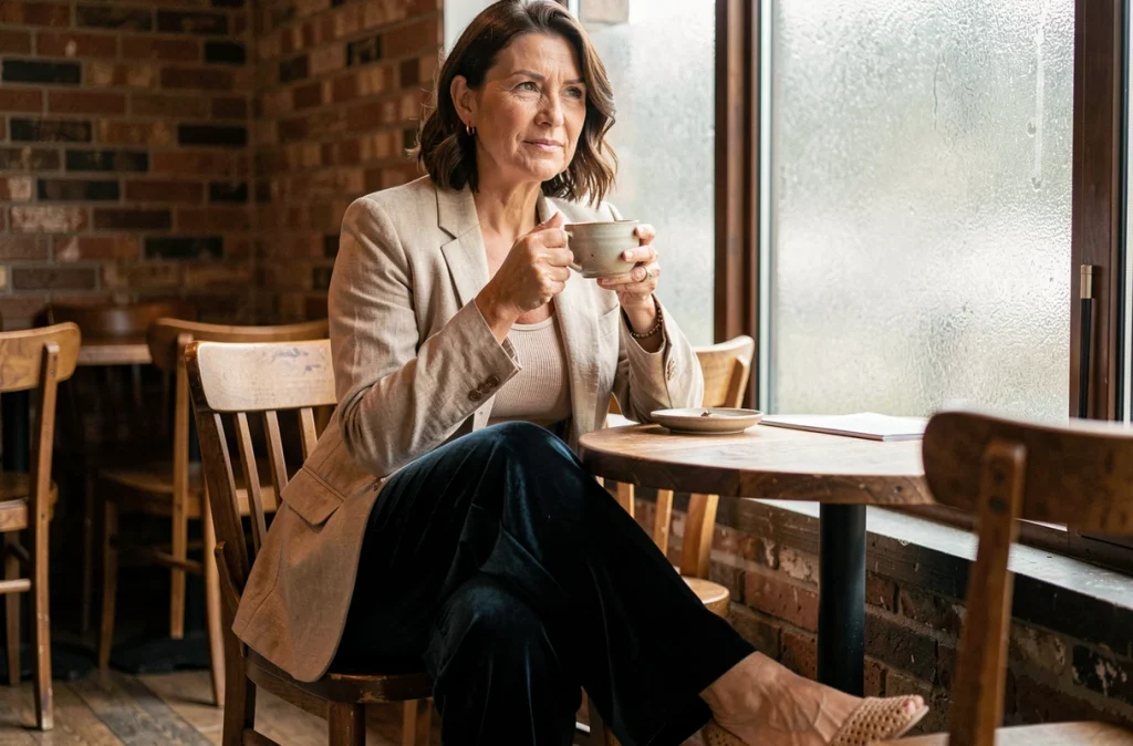 Femme assise dans un café portant un blazer en lin, un pantalon en velours et des mules en rotin, démontrant comment associer différentes textures