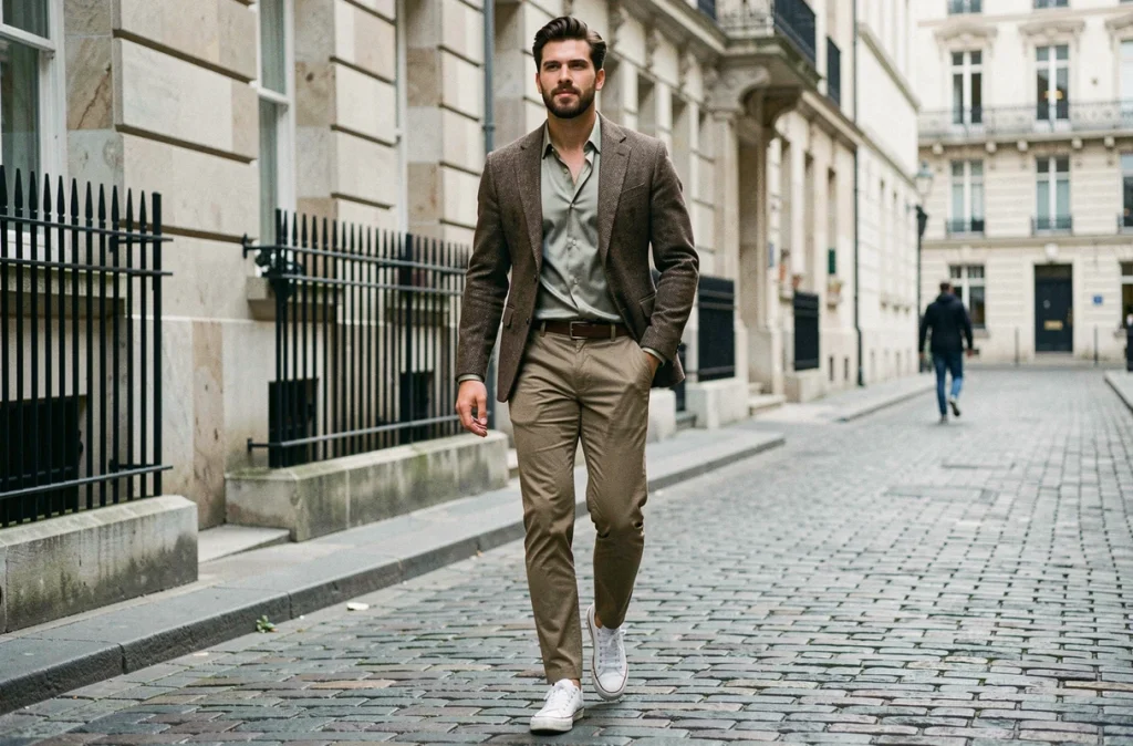 Homme en veste en tweed et chemise en satin marchant dans une rue pavée, illustrant le mélange de matières dans une tenue masculine