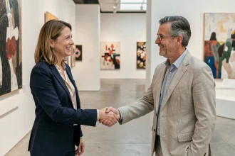 Directrice d'entreprise serrant la main d'un conservateur de musée dans une galerie d'art moderne, symbolisant un partenariat de mécénat culturel