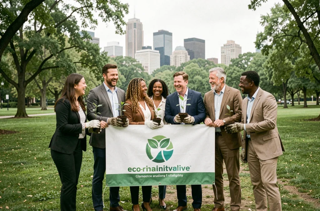 Équipe d'entreprise participant à une action de plantation d'arbres dans un parc urbain dans le cadre d'un programme de mécénat environnemental