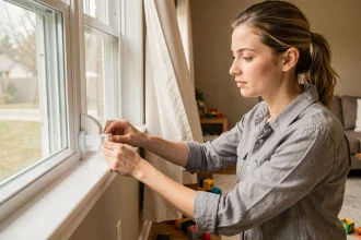 Mère installant un verrou de sécurité sur une fenêtre pour protéger son jeune enfant à la maison