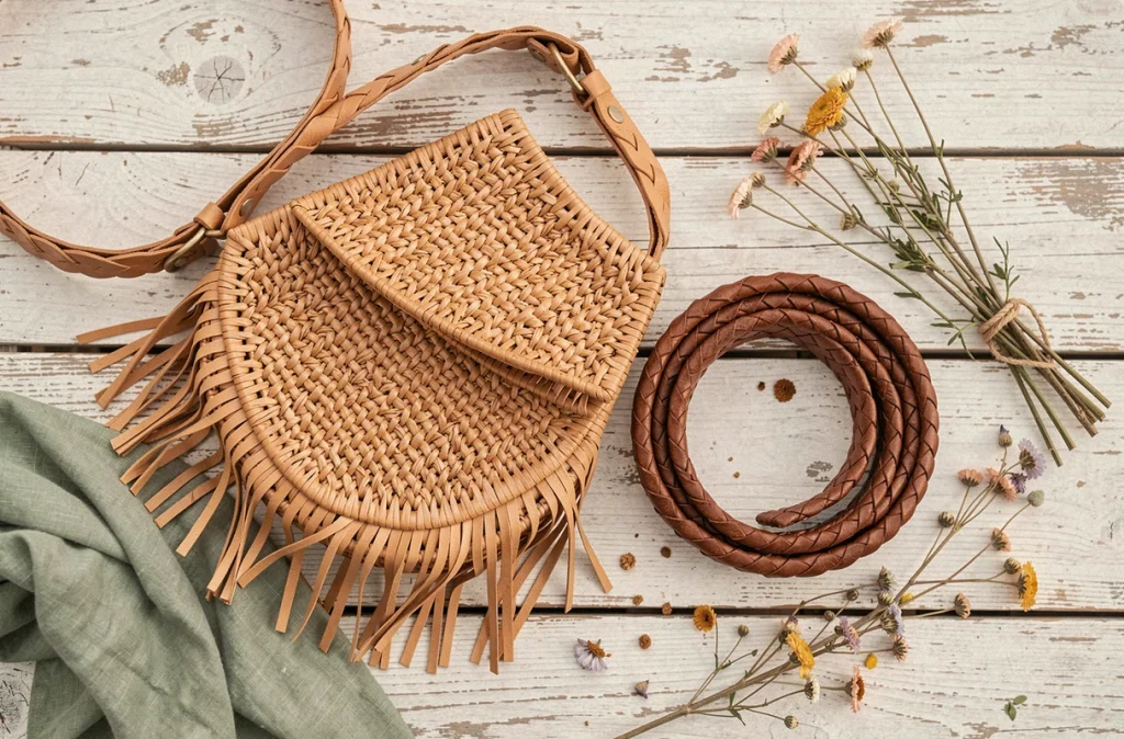 Mise à plat d'un sac en rotin tressé et d'une ceinture tressée en cuir sur une surface en bois blanchi avec des fleurs séchées