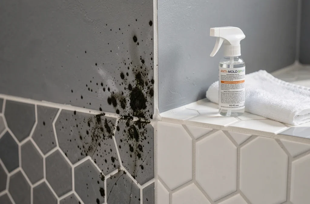 Gros plan sur des joints de salle de bain avec moisissures noires avant et après nettoyage au spray antifongique