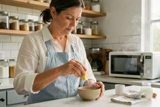 Femme préparant un nettoyant naturel au citron et vinaigre blanc pour nettoyer le micro-ondes
