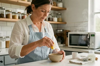 Femme préparant un nettoyant naturel au citron et vinaigre blanc pour nettoyer le micro-ondes