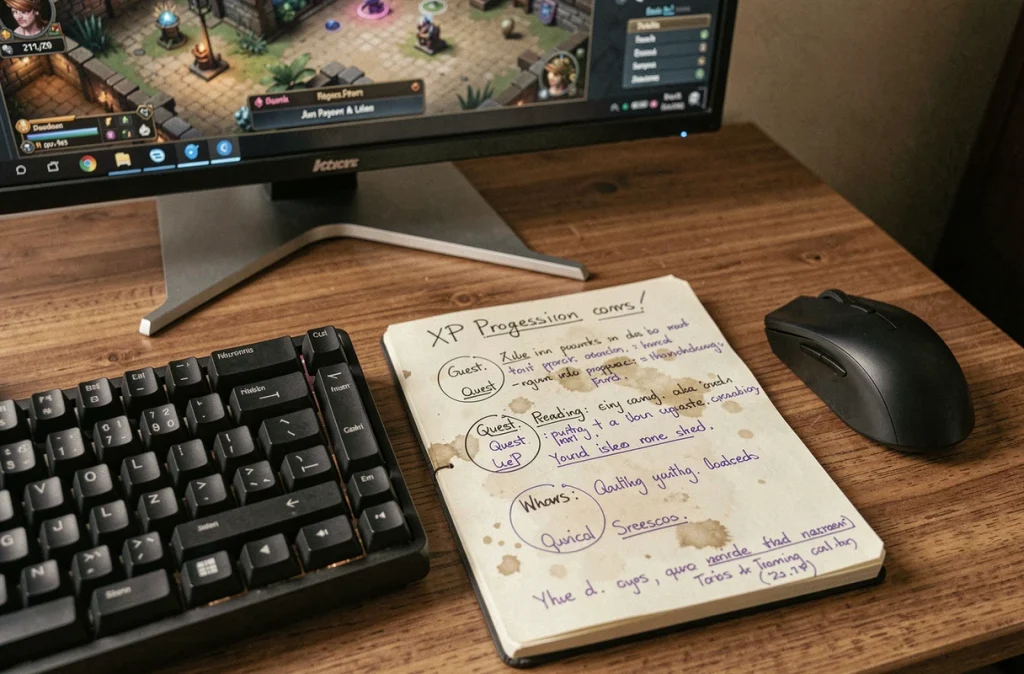 Bureau de gamer avec notes manuscrites de progression XP et carte de donjon Dofus 3 sur écran