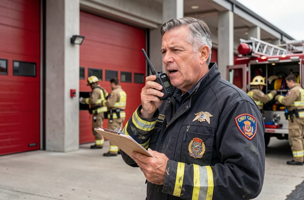 Officier supérieur des pompiers en extérieur devant une caserne urbaine coordonnant des opérations par radio