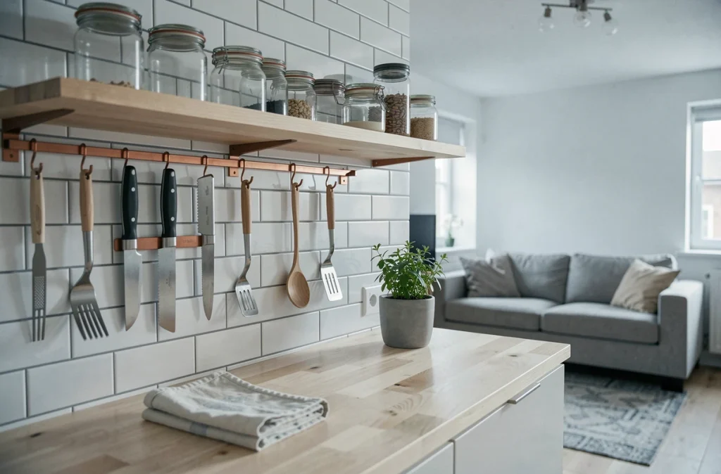 Petite cuisine optimisée avec rangements verticaux, crochets et étagères flottantes dans un appartement Scandinave