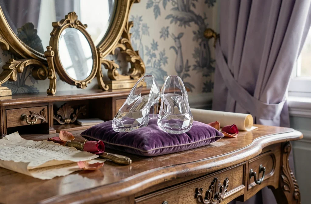 Pantoufles de verre de Cendrillon sur un coussin de velours dans un boudoir baroque français du XVIIe siècle